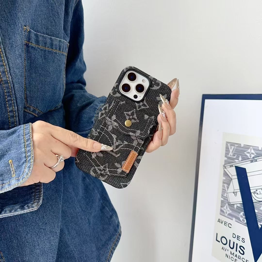 Apple phone case casual denim pocket card holder, all-inclusive soft case