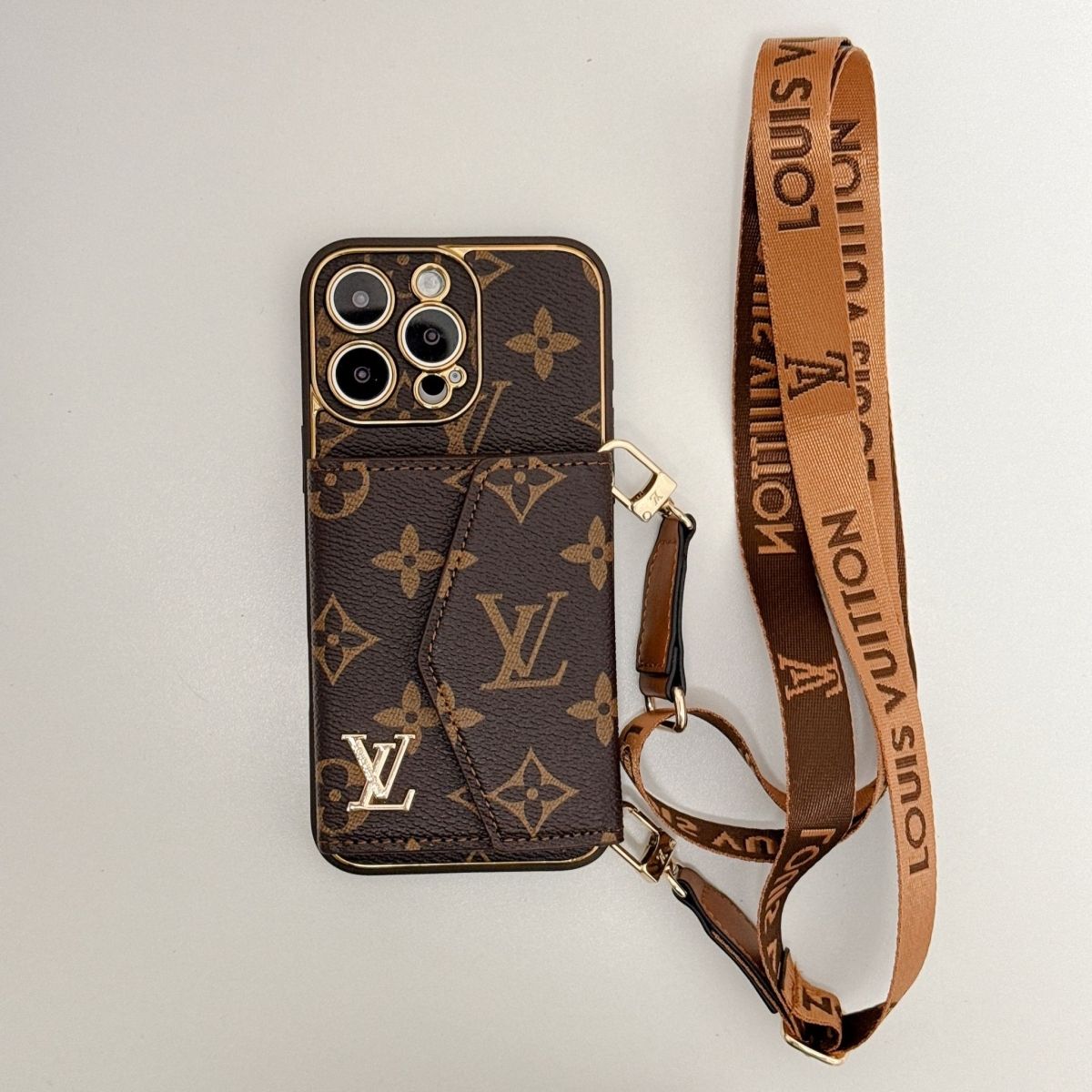 Advanced leather iPhone Case With Wallet And Strap Brown