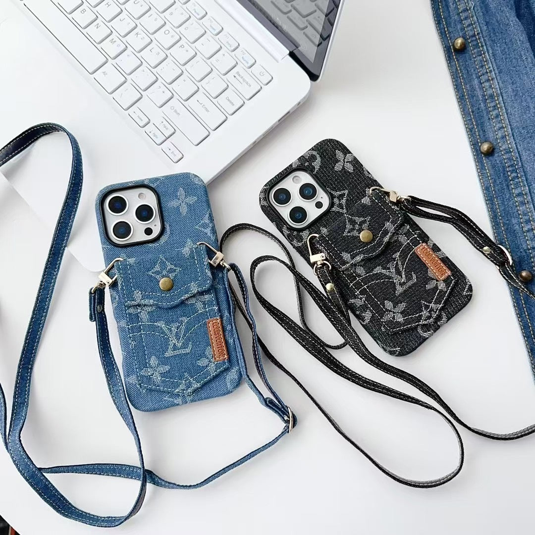 Apple phone case casual denim pocket card holder, all-inclusive soft case