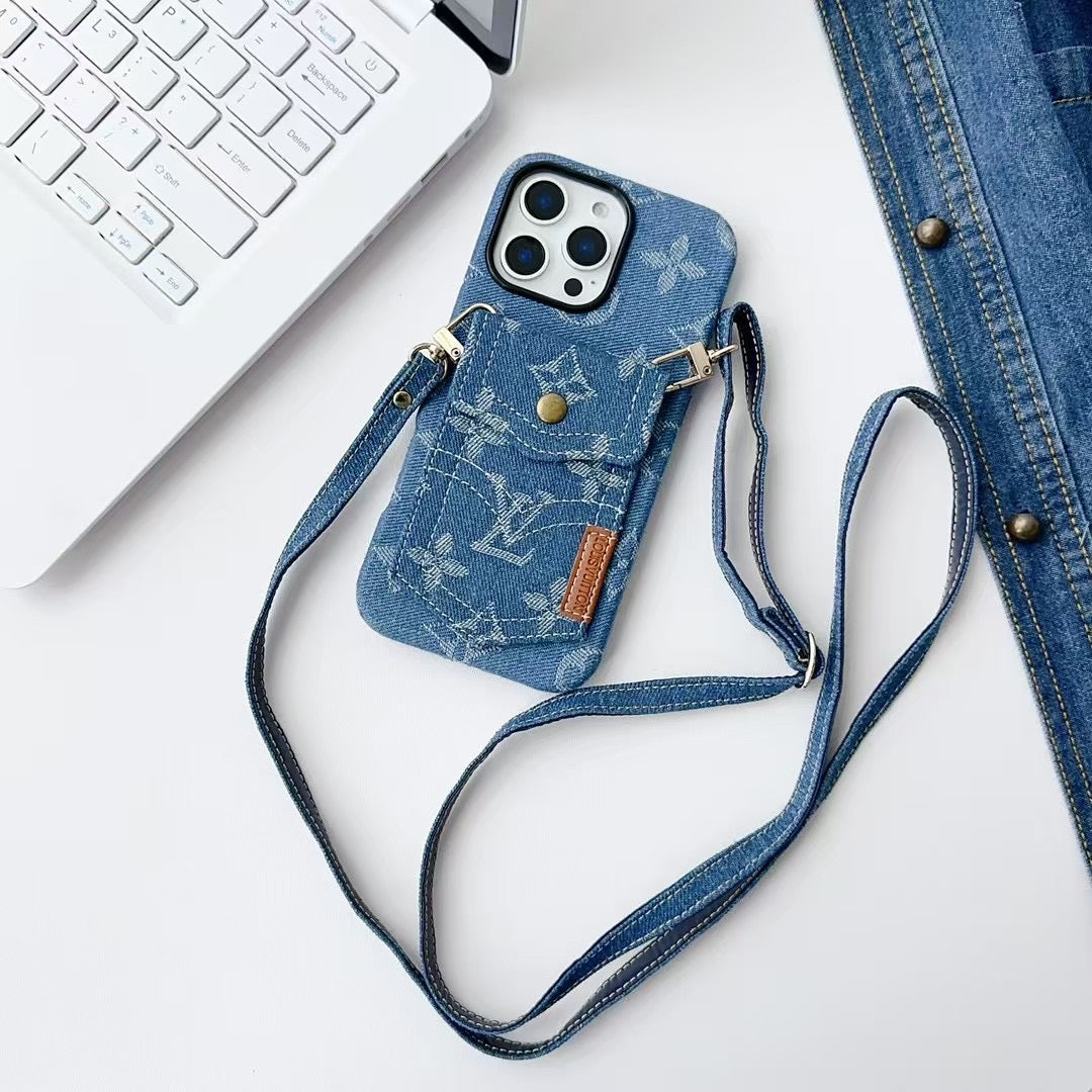 Apple phone case casual denim pocket card holder, all-inclusive soft case