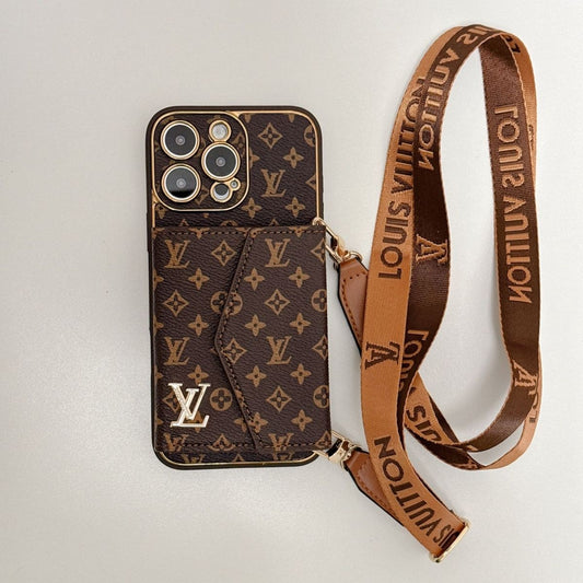 Advanced leather iPhone Case With Wallet And Strap Brown